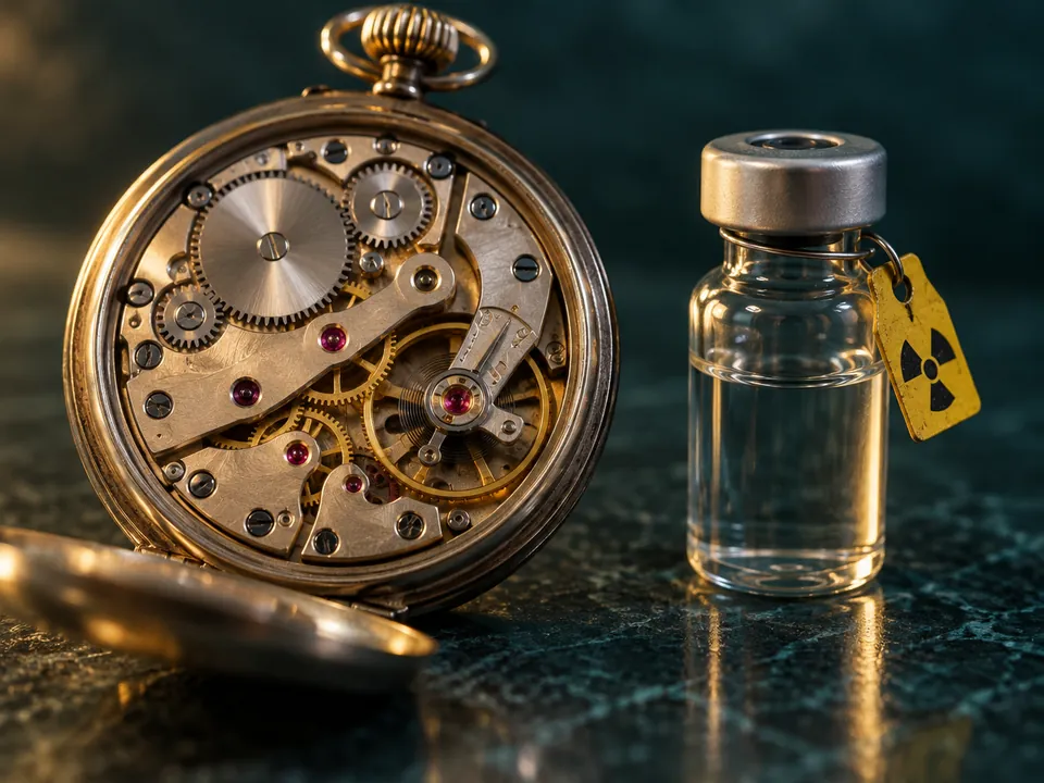An open pocket-watch movement beside a small vial tagged with the radiation symbol